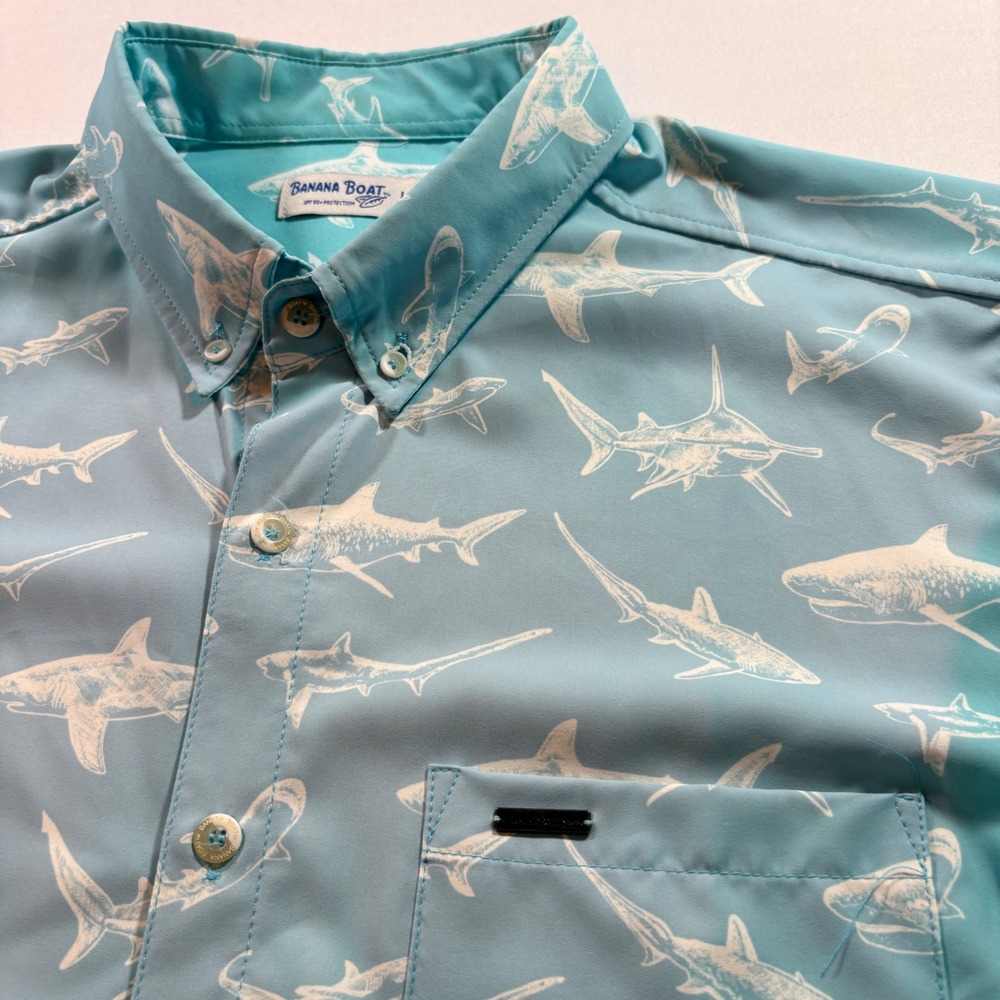 Banana Boat Shark Print Shirt Mens Large Blue Short Sleeve UPF 50+ Sun Fishing